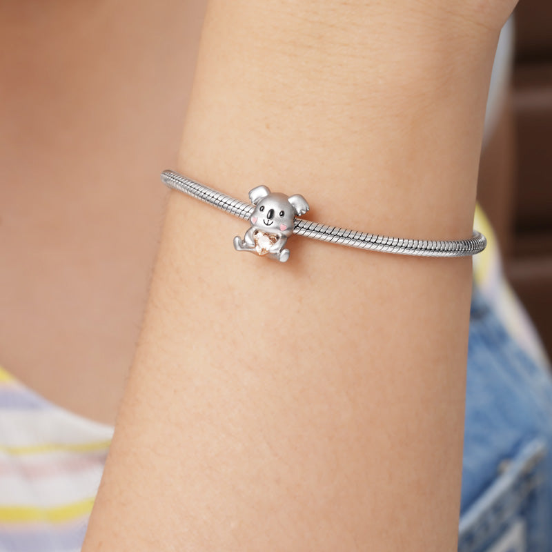Koala Embraces Heart Gemstone Charm Bead Sterling Silver_3