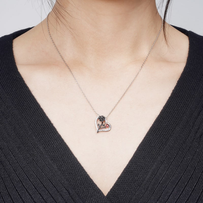 Black Rose Heart Necklace 925 Sterling Silver with "I Love You Forever" Engravings and Clear Gemstones_4