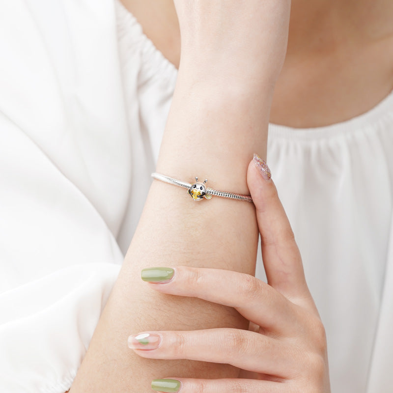 Bee Embraces Heart Gemstone Charm Bead 925 Sterling Silver with Yellow Glitter Enamels_3
