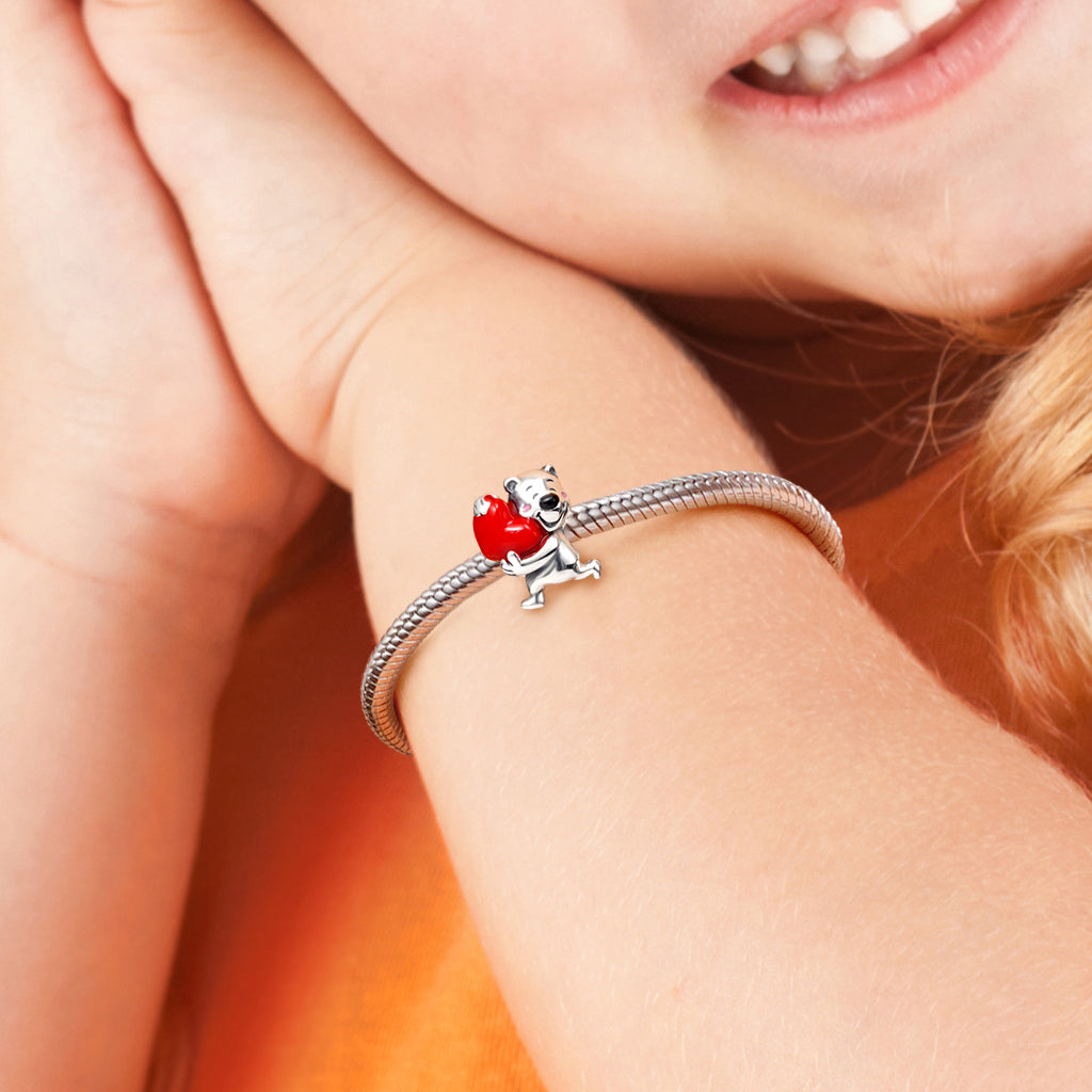 Bear Embraces Red Heart Stopper for Charm Bracelets 925 Sterling Silver_4