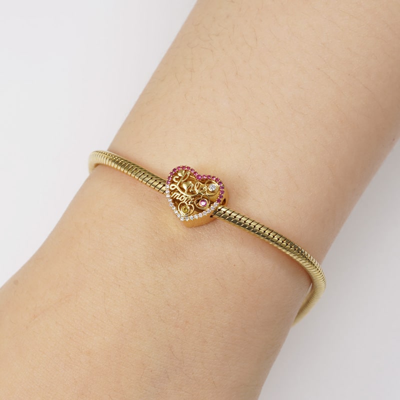 Love Mom Heart-shaped Personalized Photo Charm Bead Sterling Silver 18k Gold Plated Mother's Day Gift_3