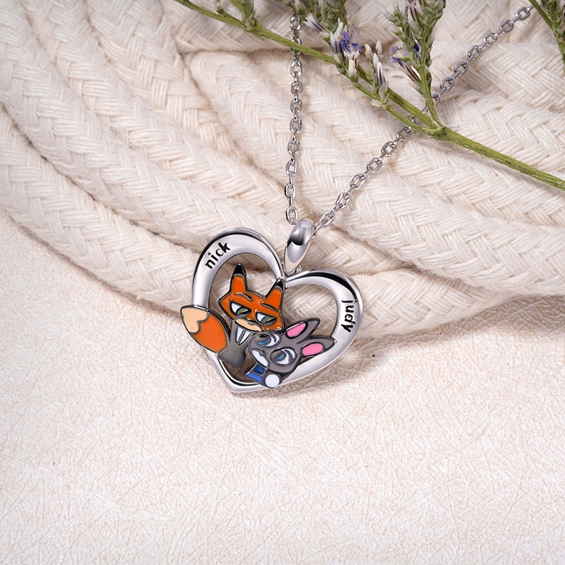Engravable Fox & Rabbit Couple Heart Necklace Sterling Silver_3