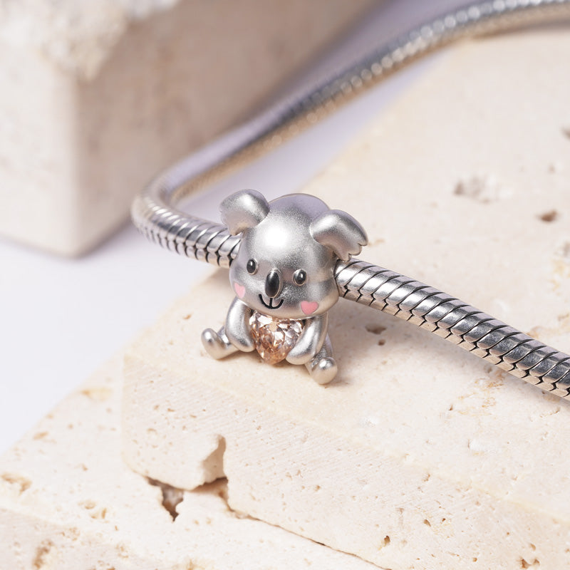 Koala Embraces Heart Gemstone Charm Bead Sterling Silver_2