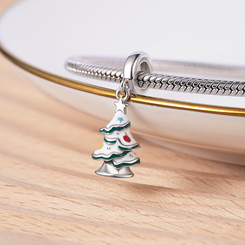 Christmas Tree with Snow and Colored Starmoon & Balls Pendant Dangle Charm 925 Sterling Silver_2