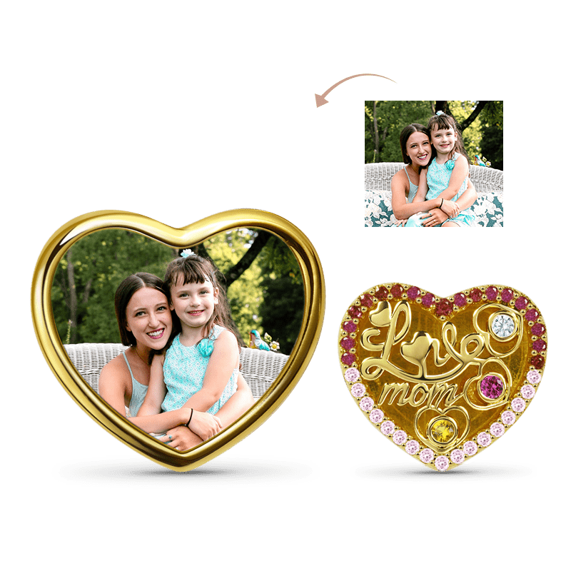 Love Mom Heart-shaped Personalized Photo Charm Bead Sterling Silver 18k Gold Plated Mother's Day Gift_1