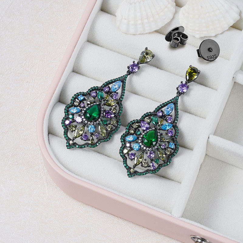 Vintage Water Drop Shape Dangle Earrings Copper Inlaid with Colorful Gemstones_2