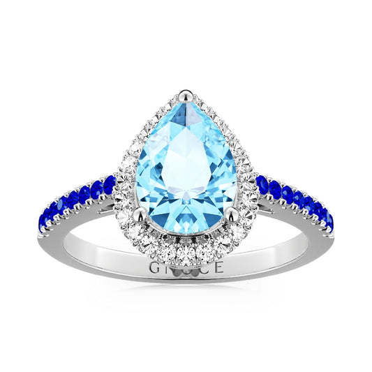Sparkling BlueTeardrop Ring 925 Sterling Silver Inlaid with Clear Gemstones_1