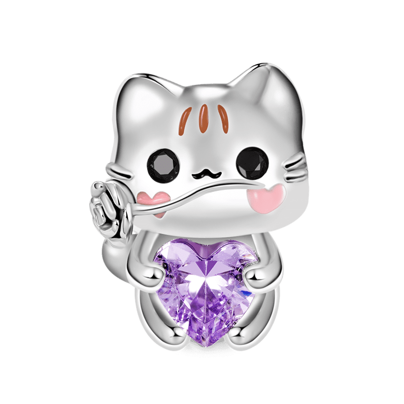 Cute Cat Embraces Heart Gemstone Charm Bead 925 Sterling Silver_1