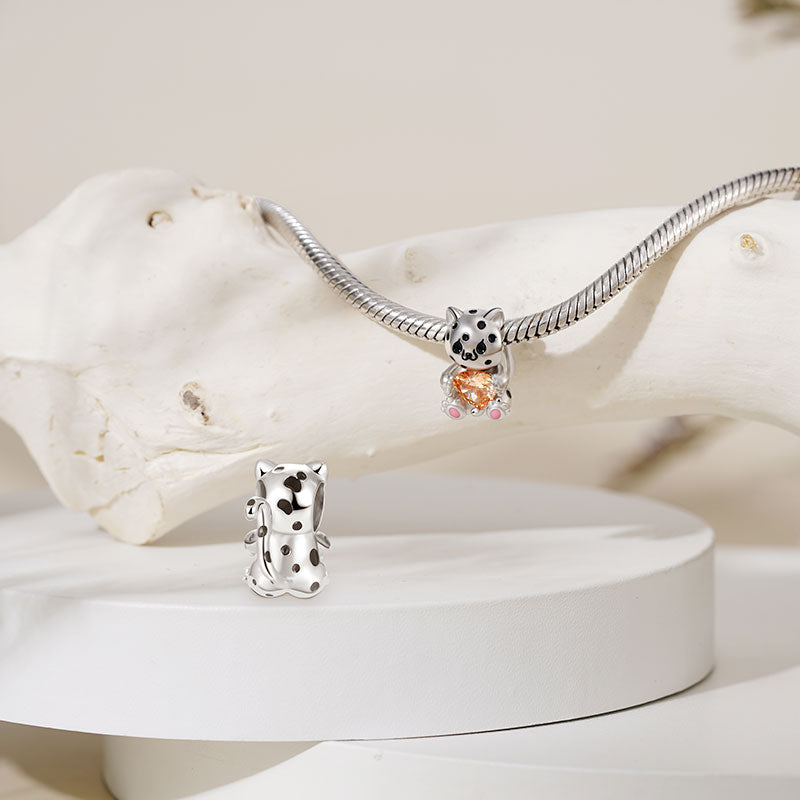 Little Leopard Embraces Heart Gemstone Charm Bead 925 Sterling Silver with Black Enamels_2