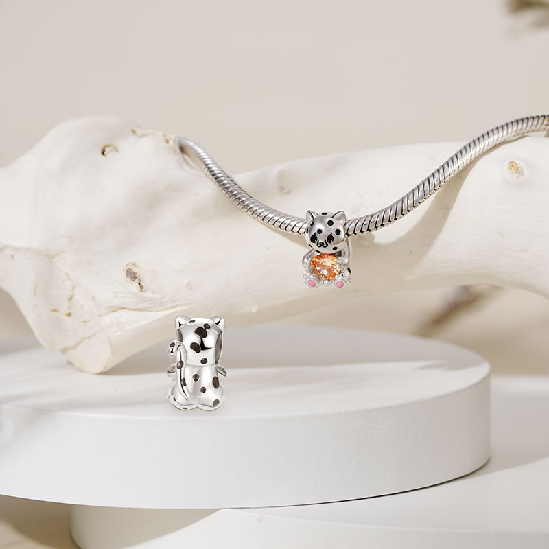 Little Leopard Embraces Heart Gemstone Charm Bead 925 Sterling Silver with Black Enamels_2