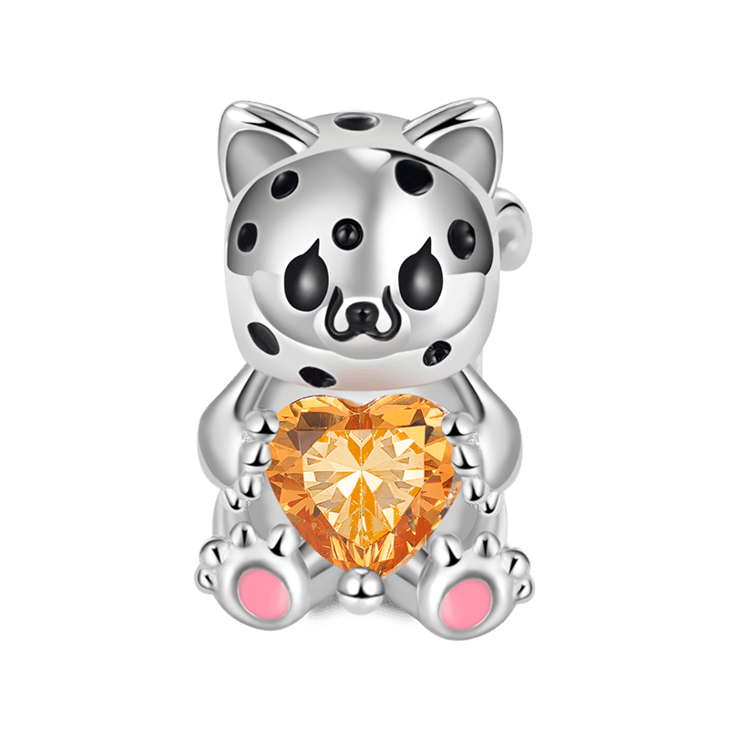 Little Leopard Embraces Heart Gemstone Charm Bead 925 Sterling Silver with Black Enamels_1