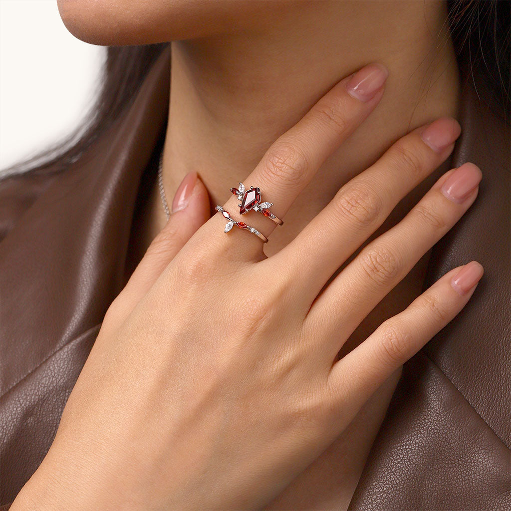 Gnoce Natural Red Garnet Kite Engagement Stackable Rings_6