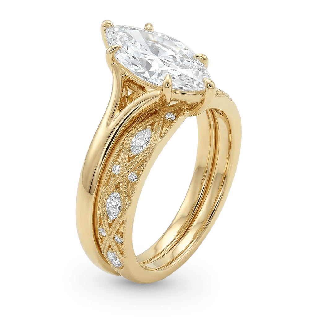 Gnoce Geometric Engraved Marquise-Cut Engagement Ring Set_4