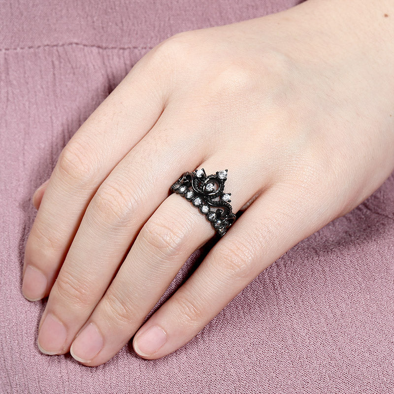 Women's Ring Princess Tiara Crown Ring Sterling Silver Black Plated_3