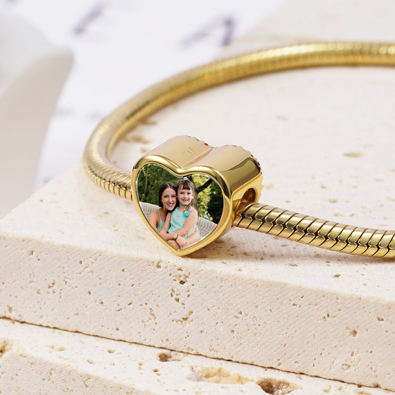 Love Mom Heart-shaped Personalized Photo Charm Bead Sterling Silver 18k Gold Plated Mother's Day Gift_2
